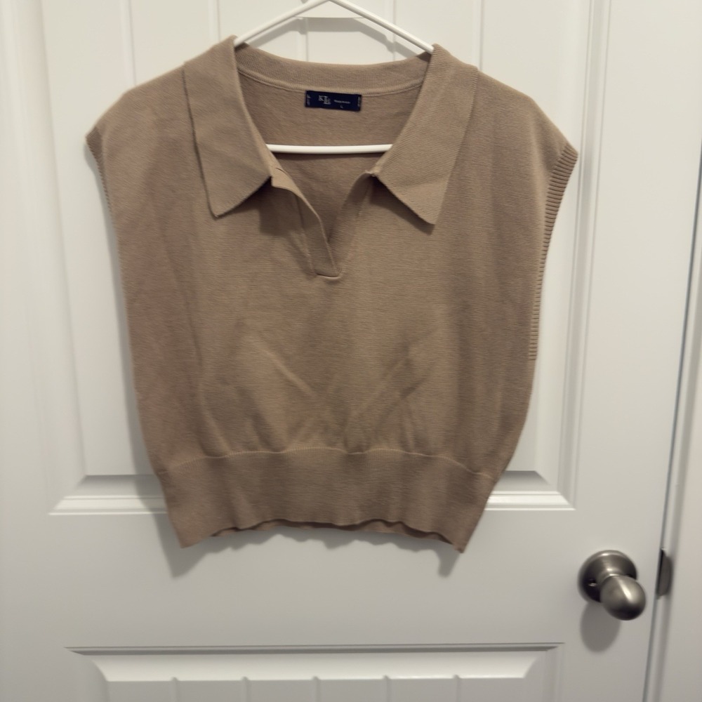 KLd Women's Light Brown Short Sleeve Collared Sweater Pullover Size L